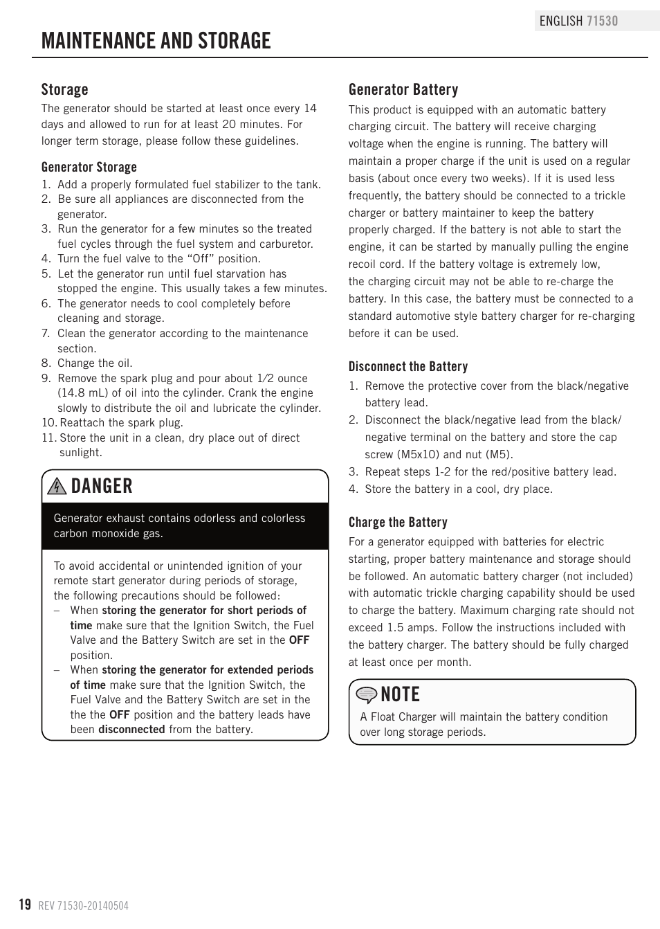 Maintenance and storage, Danger, Storage | Generator battery | Champion Power Equipment 71530 User Manual | Page 22 / 33