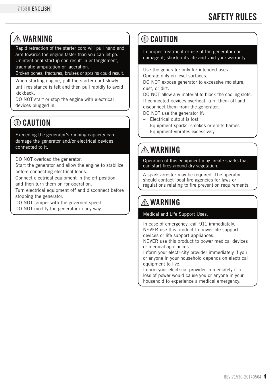 Safety rules, Caution, Warning | Champion Power Equipment 71530 User Manual | Page 7 / 33