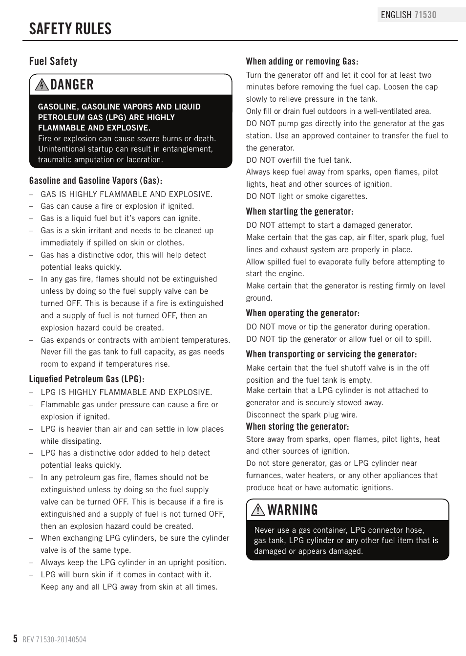 Safety rules, Danger, Warning | Fuel safety | Champion Power Equipment 71530 User Manual | Page 8 / 33