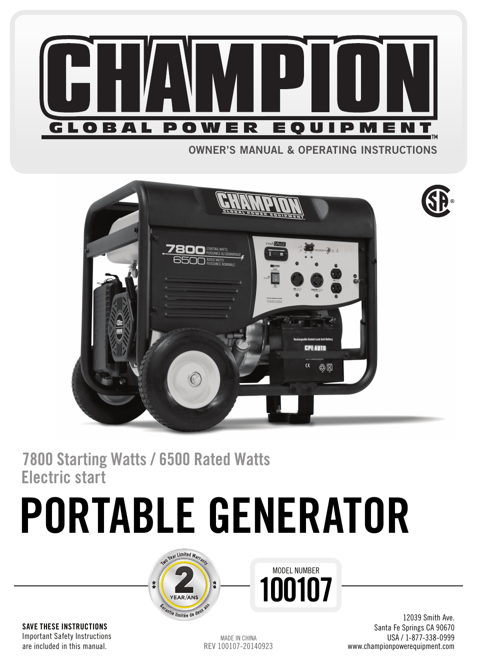 Champion Power Equipment 100107 User Manual | 30 pages