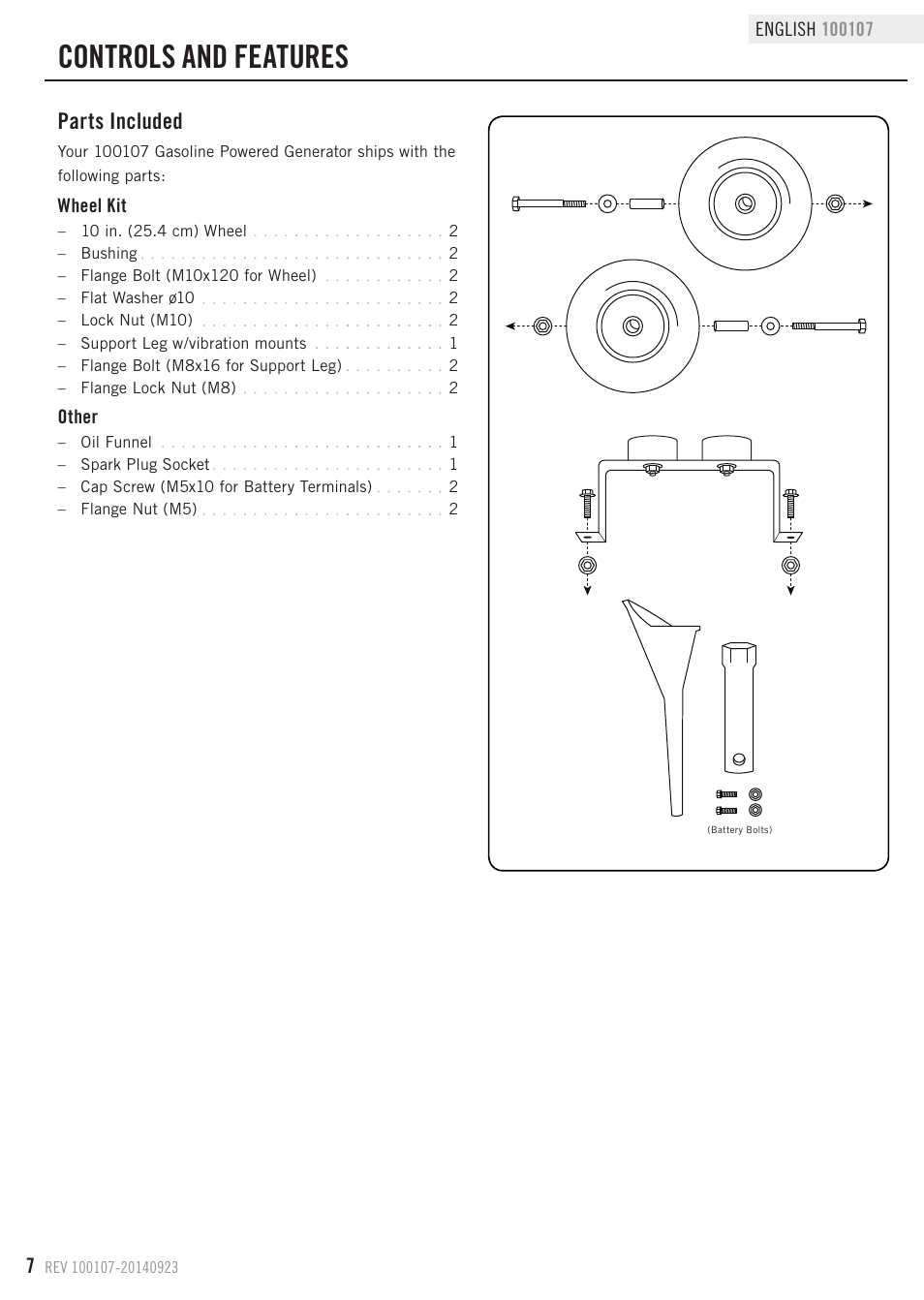 Controls and features, Parts included | Champion Power Equipment 100107 User Manual | Page 10 / 30