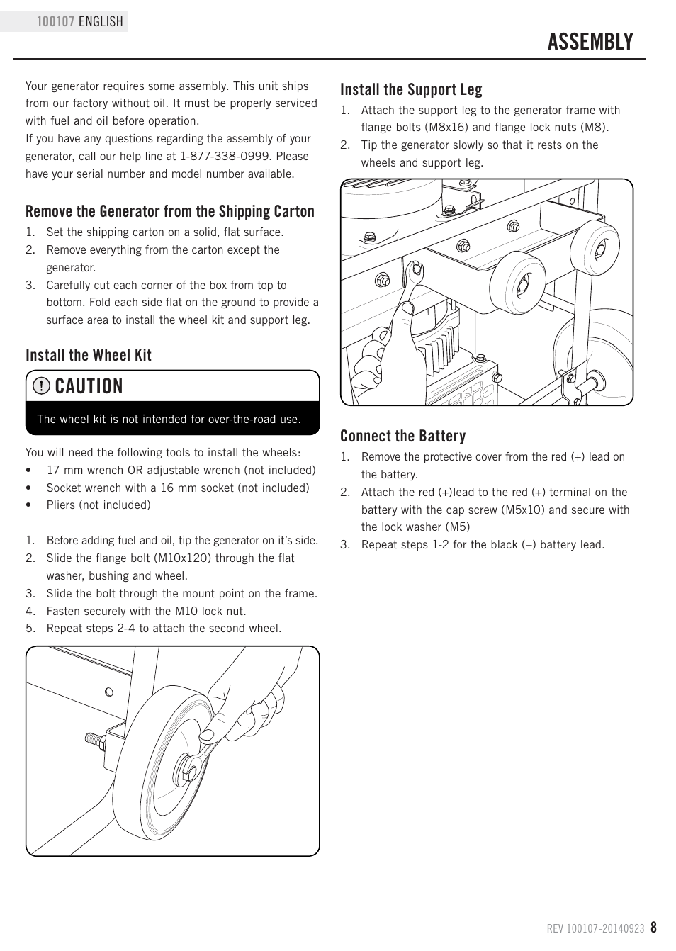 Assembly, Caution, Remove the generator from the shipping carton | Install the wheel kit, Install the support leg, Connect the battery | Champion Power Equipment 100107 User Manual | Page 11 / 30