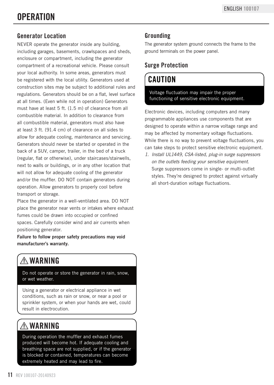 Operation, Caution, Warning | Champion Power Equipment 100107 User Manual | Page 14 / 30