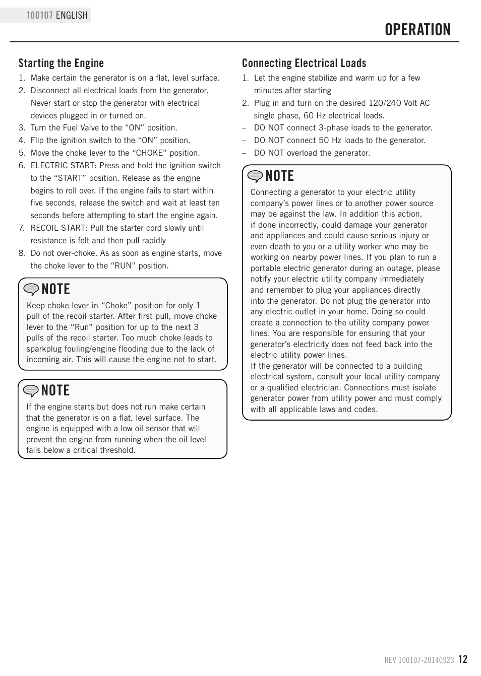 Operation, Connecting electrical loads, Starting the engine | Champion Power Equipment 100107 User Manual | Page 15 / 30