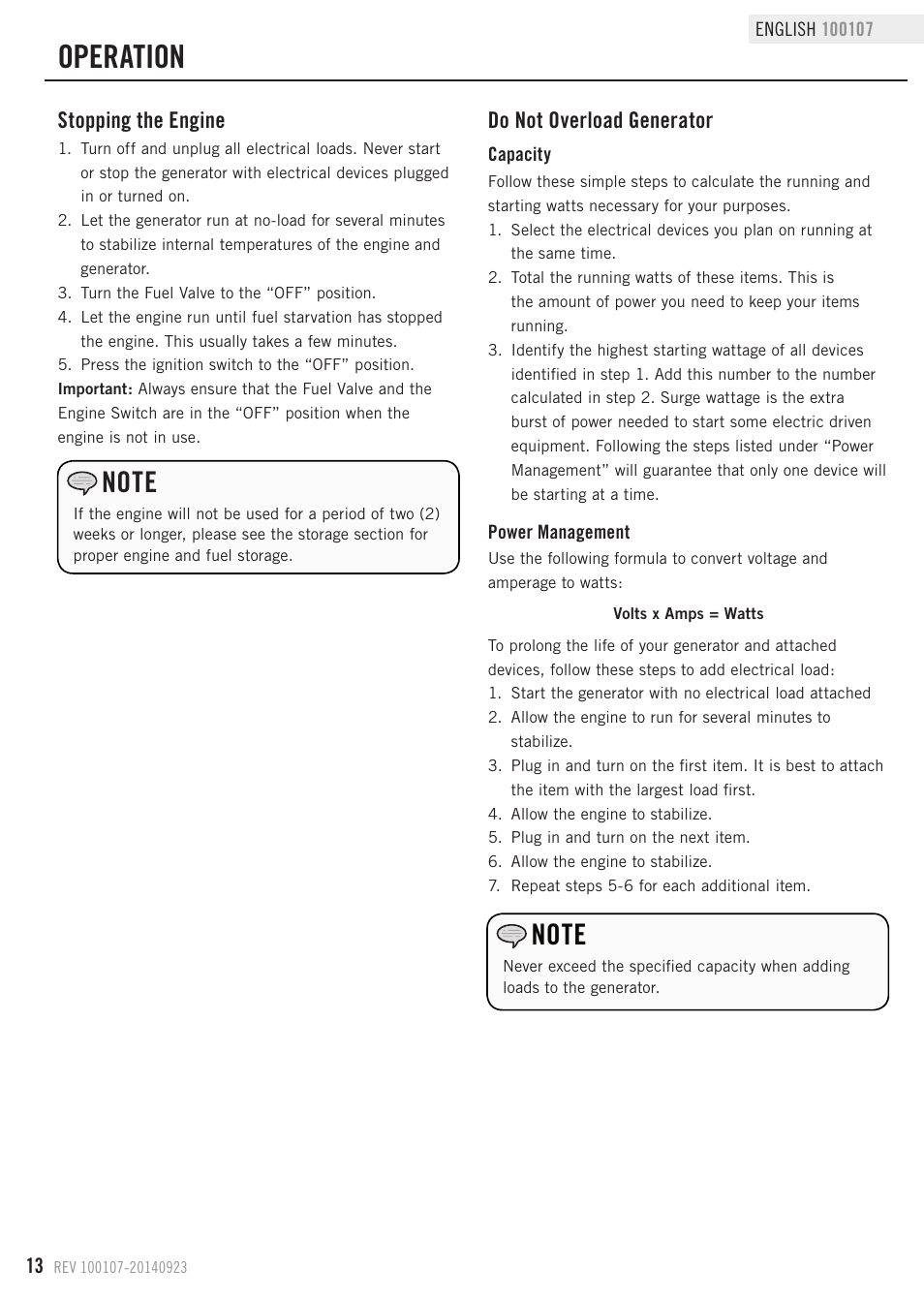 Operation, Do not overload generator, Stopping the engine | Champion Power Equipment 100107 User Manual | Page 16 / 30