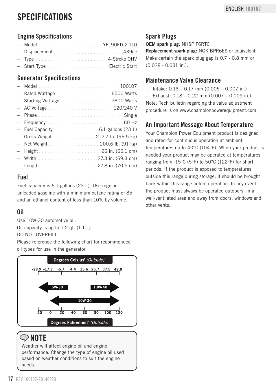 Specifications, Fuel, Generator specifications | Engine specifications, Maintenance valve clearance, Spark plugs, An important message about temperature | Champion Power Equipment 100107 User Manual | Page 20 / 30