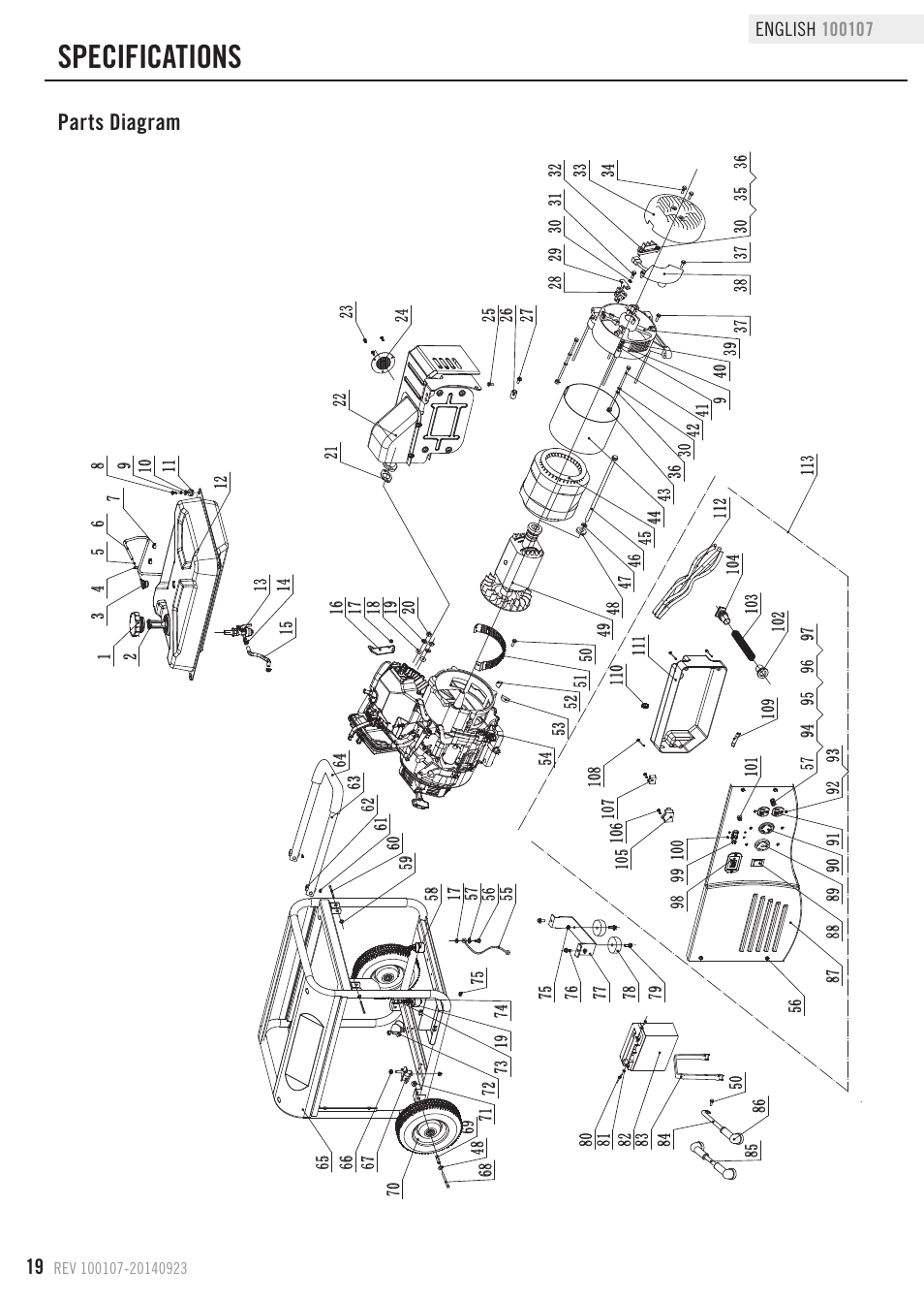 Specifications, Parts diagram | Champion Power Equipment 100107 User Manual | Page 22 / 30