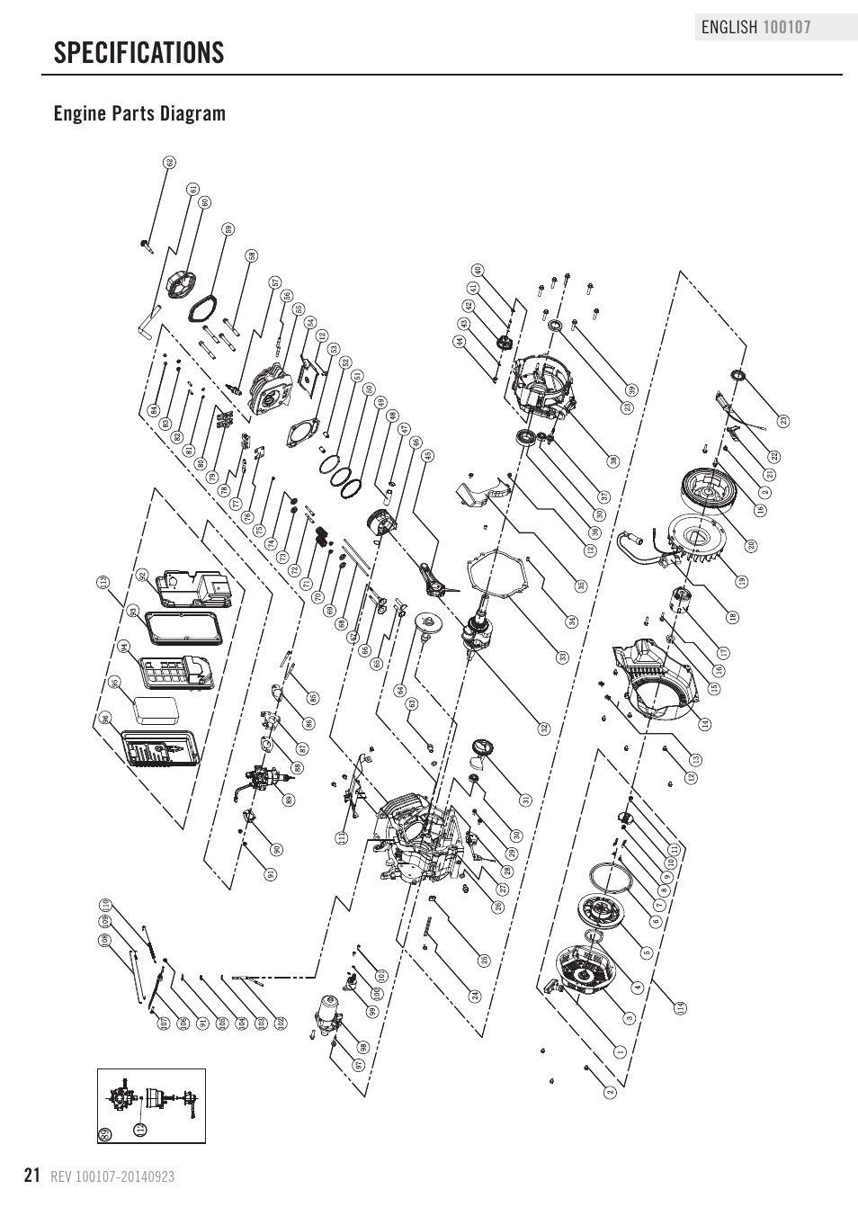 Specifications, Engine parts diagram | Champion Power Equipment 100107 User Manual | Page 24 / 30