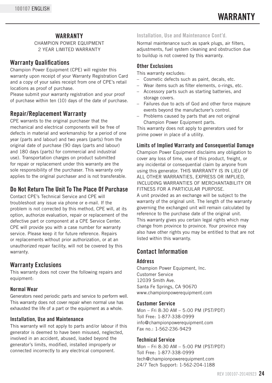 Warranty, Warranty qualifications, Repair/replacement warranty | Do not return the unit to the place of purchase, Warranty exclusions, Contact information | Champion Power Equipment 100107 User Manual | Page 27 / 30