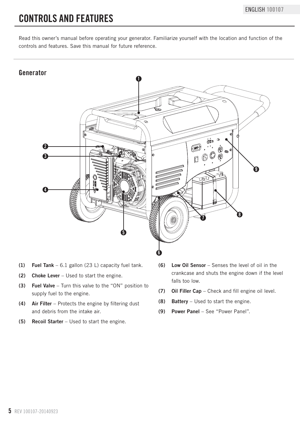 Controls and features, Generator | Champion Power Equipment 100107 User Manual | Page 8 / 30