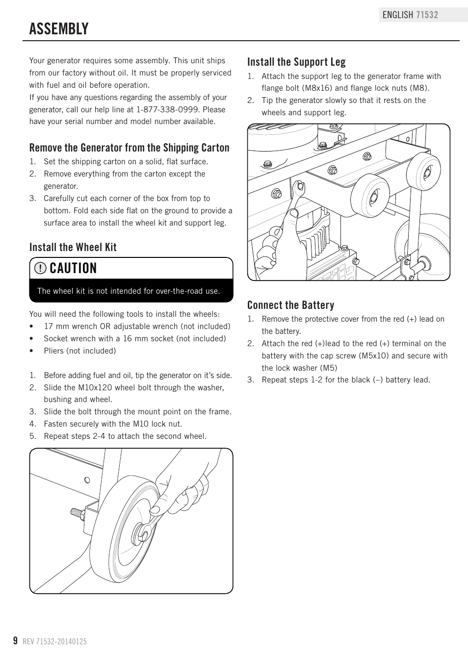 Assembly, Caution, Remove the generator from the shipping carton | Install the wheel kit, Install the support leg, Connect the battery | Champion Power Equipment 71532 User Manual | Page 12 / 33