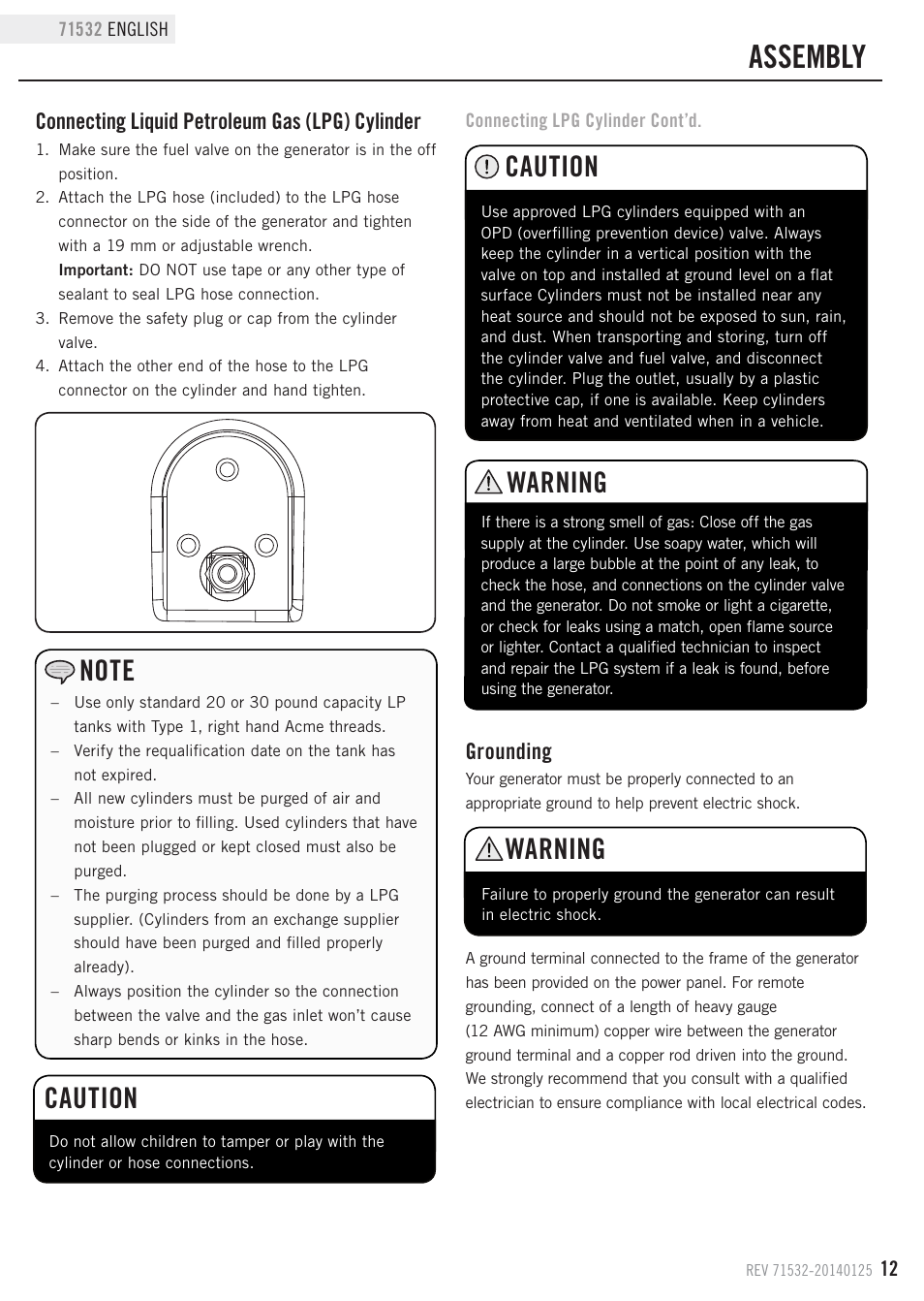 Assembly, Caution, Warning | Grounding, Connecting liquid petroleum gas (lpg) cylinder | Champion Power Equipment 71532 User Manual | Page 15 / 33