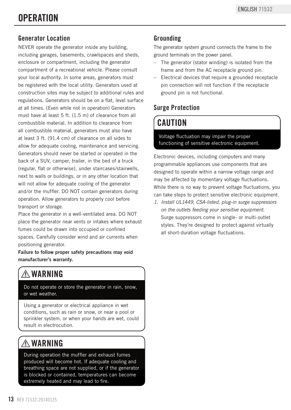 Operation, Warning, Caution | Generator location, Surge protection, Grounding | Champion Power Equipment 71532 User Manual | Page 16 / 33