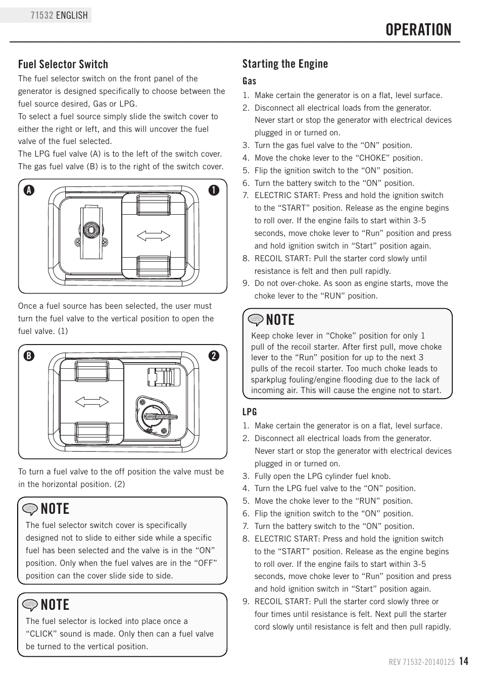 Operation, Fuel selector switch, Starting the engine | Champion Power Equipment 71532 User Manual | Page 17 / 33