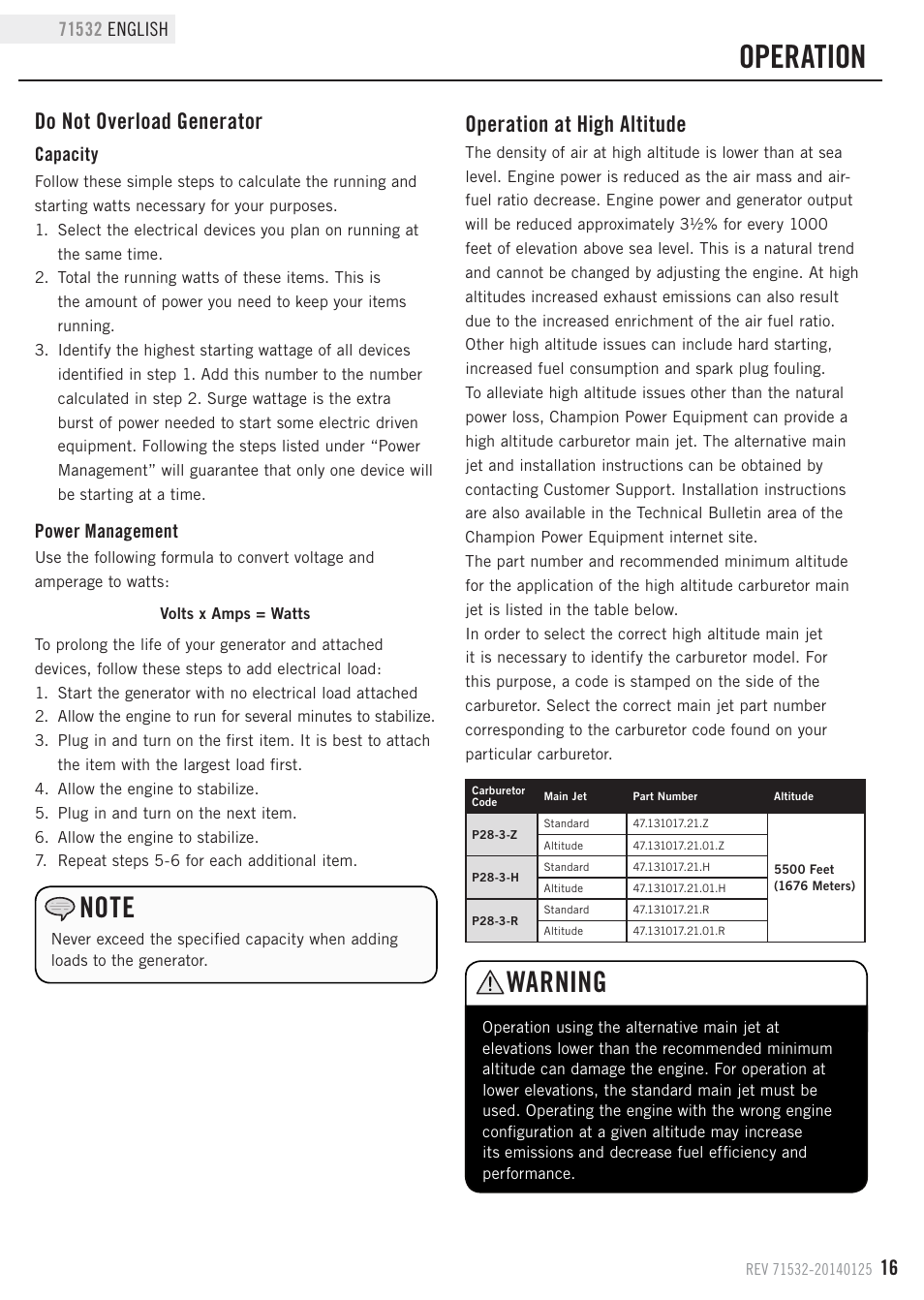 Operation, Warning, Do not overload generator | Operation at high altitude, Capacity, Power management | Champion Power Equipment 71532 User Manual | Page 19 / 33