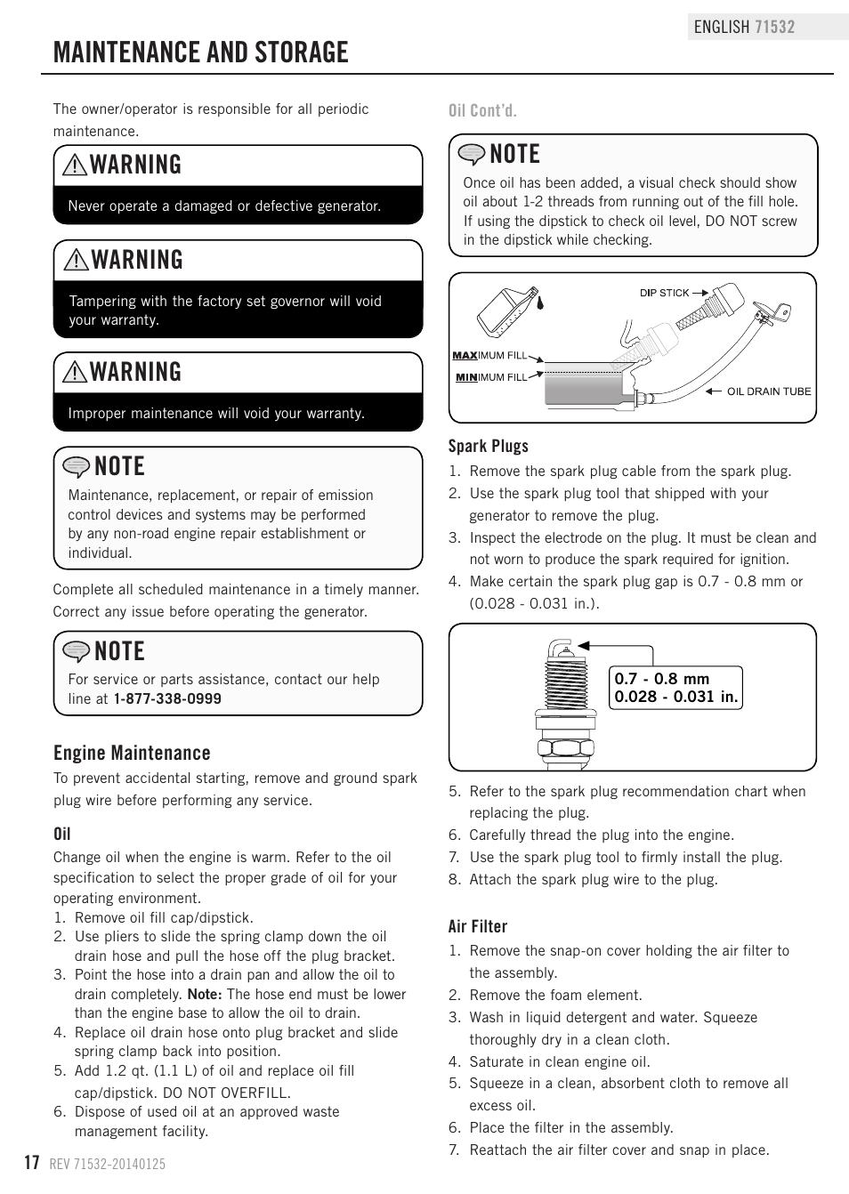 Maintenance and storage, Warning, Engine maintenance | Champion Power Equipment 71532 User Manual | Page 20 / 33