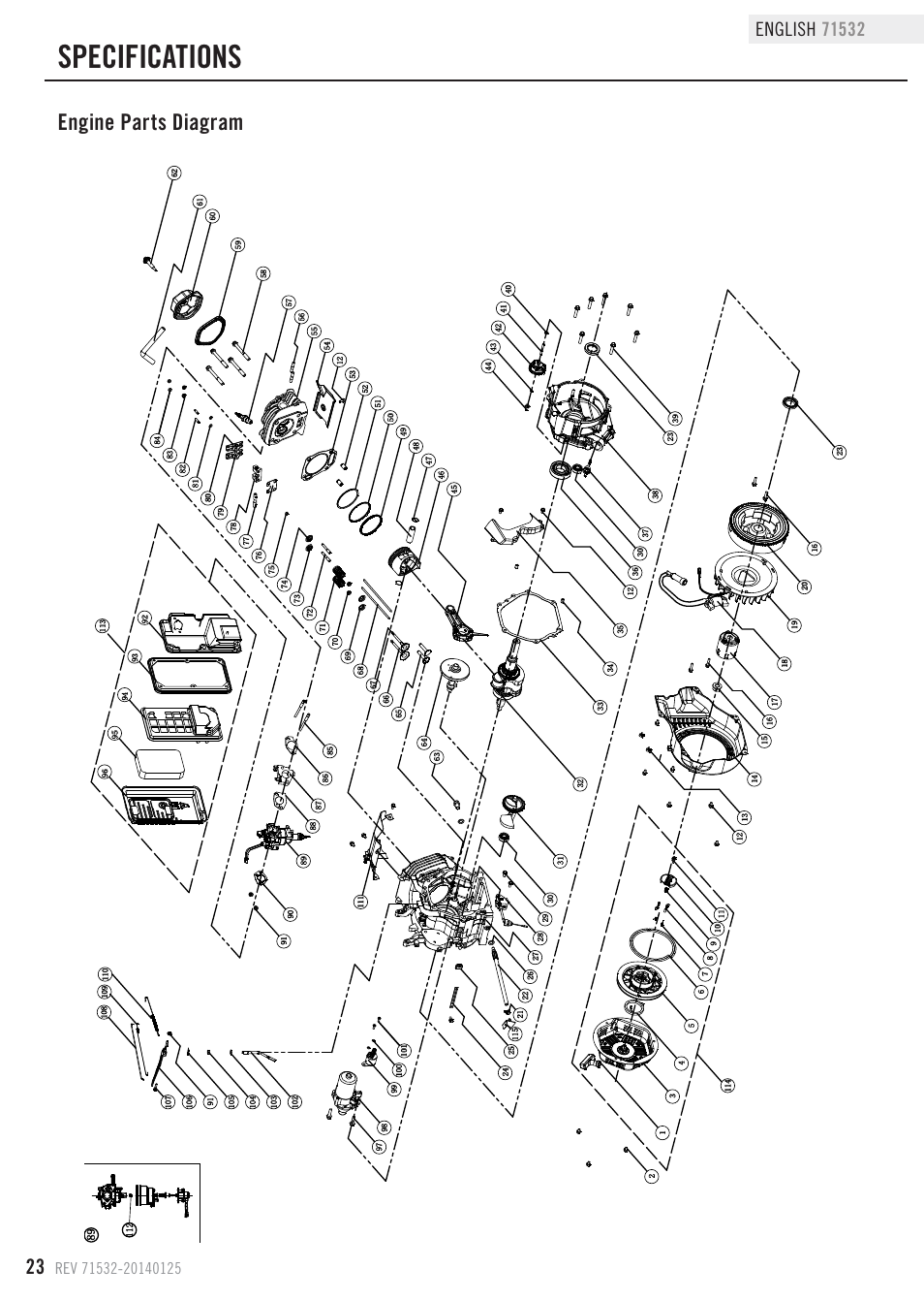 Specifications, Engine parts diagram | Champion Power Equipment 71532 User Manual | Page 26 / 33