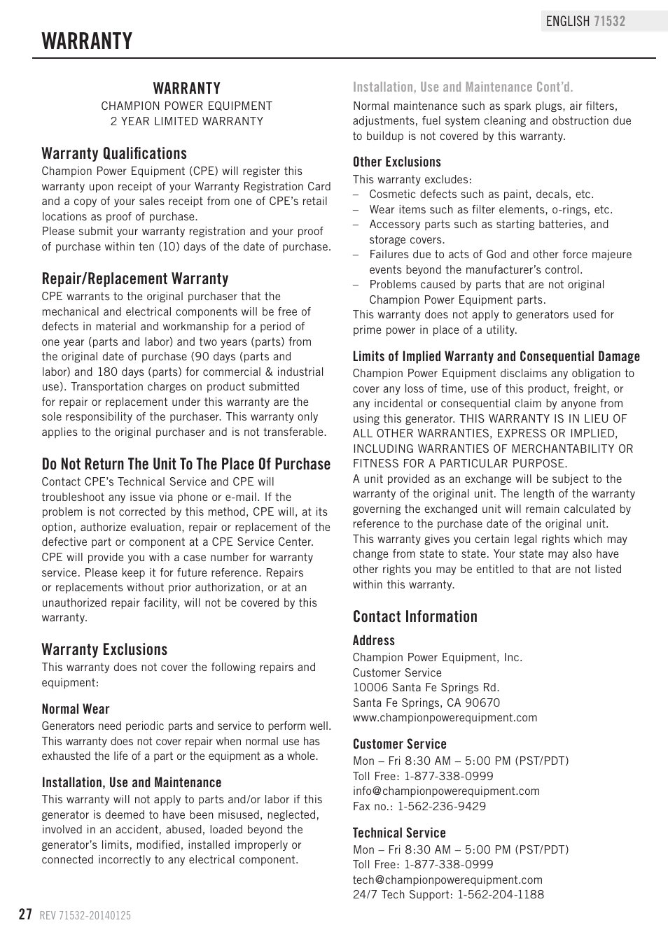 Warranty, Warranty qualifications, Repair/replacement warranty | Do not return the unit to the place of purchase, Warranty exclusions, Contact information | Champion Power Equipment 71532 User Manual | Page 30 / 33