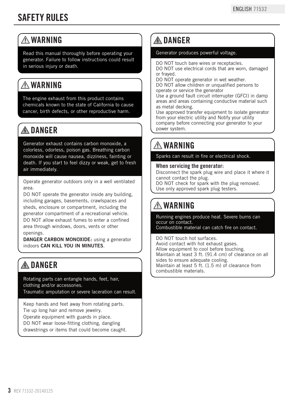 Safety rules, Danger, Warning | Champion Power Equipment 71532 User Manual | Page 6 / 33