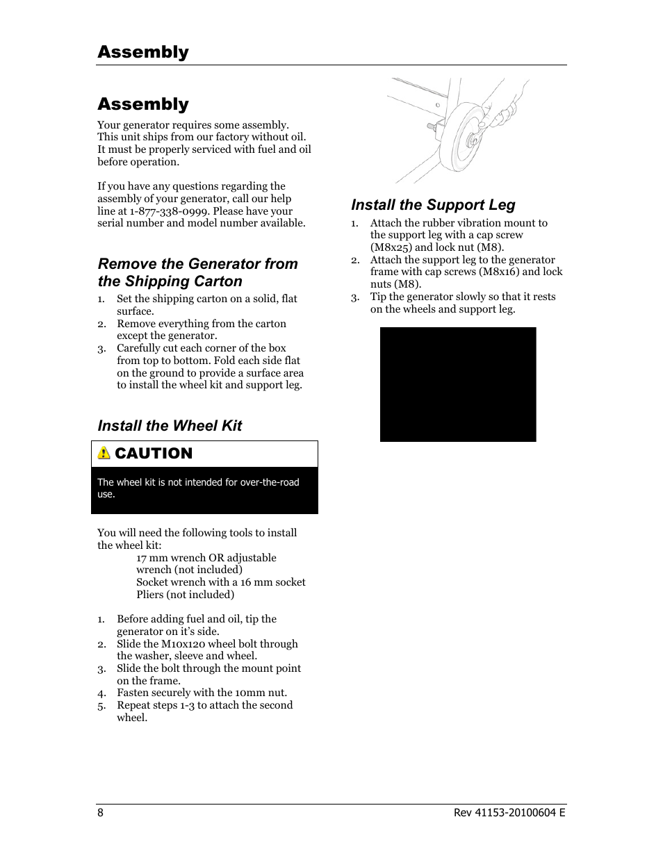 Assembly, Remove the generator from the shipping carton, Install the wheel kit caution | Install the support leg | Champion Power Equipment 41153 User Manual | Page 11 / 29