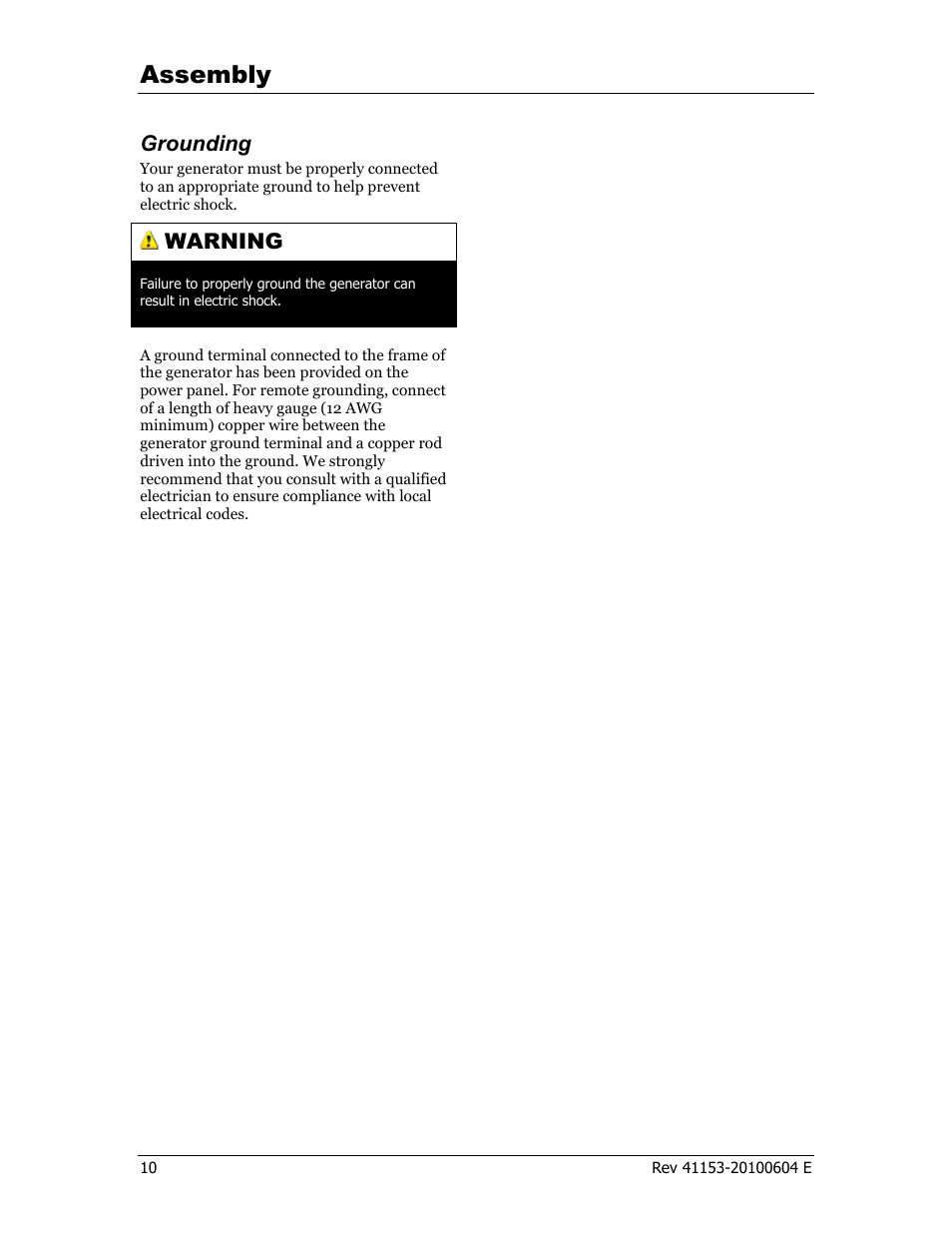 Assembly, Grounding, Warning | Champion Power Equipment 41153 User Manual | Page 13 / 29