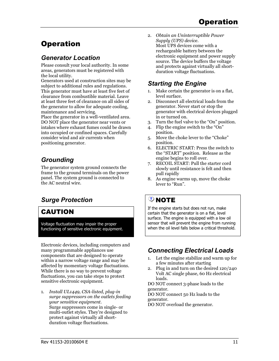 Operation, Generator location, Grounding | Surge protection caution, Starting the engine, Connecting electrical loads | Champion Power Equipment 41153 User Manual | Page 14 / 29