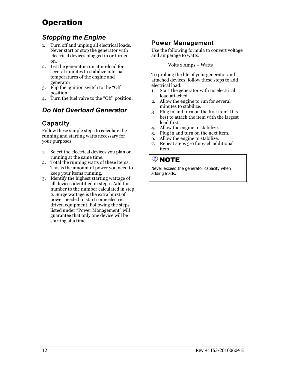 Operation, Stopping the engine, Do not overload generator | Capacity, Power management | Champion Power Equipment 41153 User Manual | Page 15 / 29