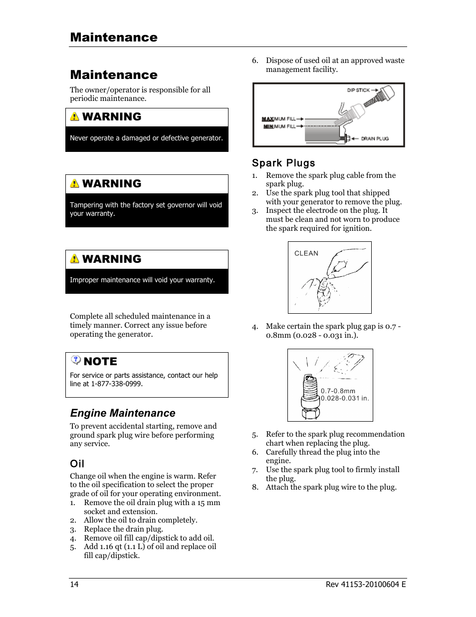 Maintenance, Warning, Engine maintenance | Spark plugs | Champion Power Equipment 41153 User Manual | Page 17 / 29