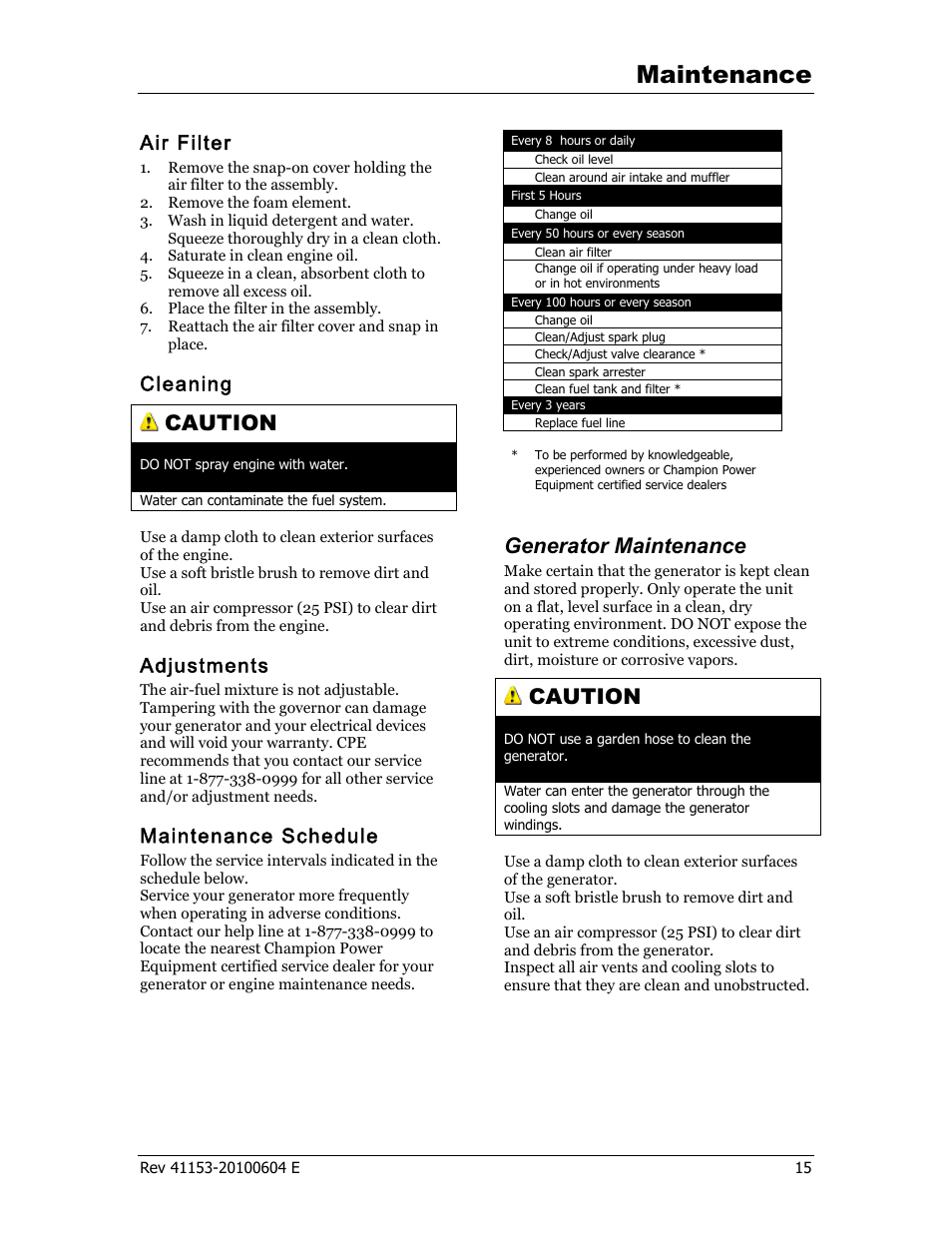 Maintenance, Caution, Generator maintenance | Air filter, Cleaning, Adjustments, Maintenance schedule | Champion Power Equipment 41153 User Manual | Page 18 / 29