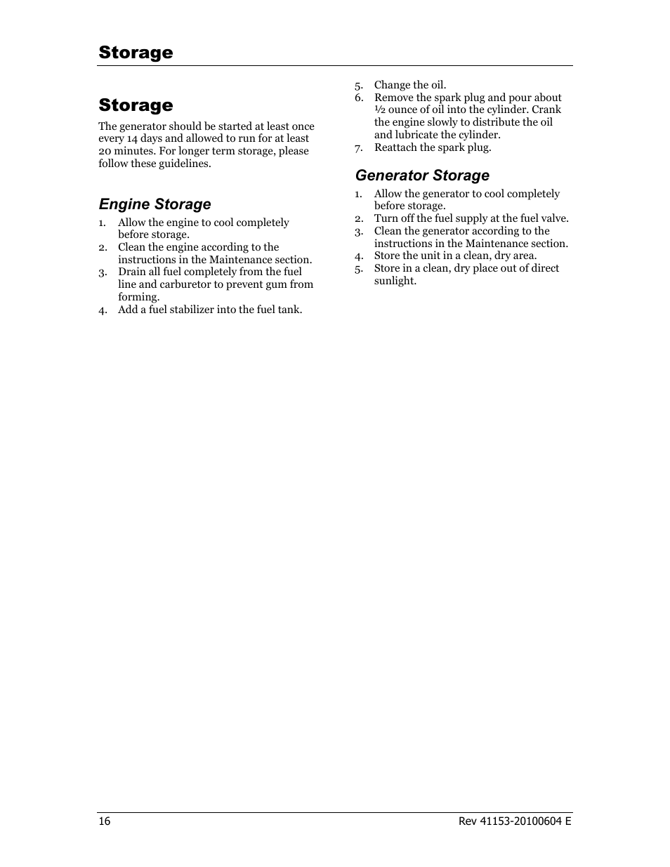 Storage, Engine storage, Generator storage | Champion Power Equipment 41153 User Manual | Page 19 / 29