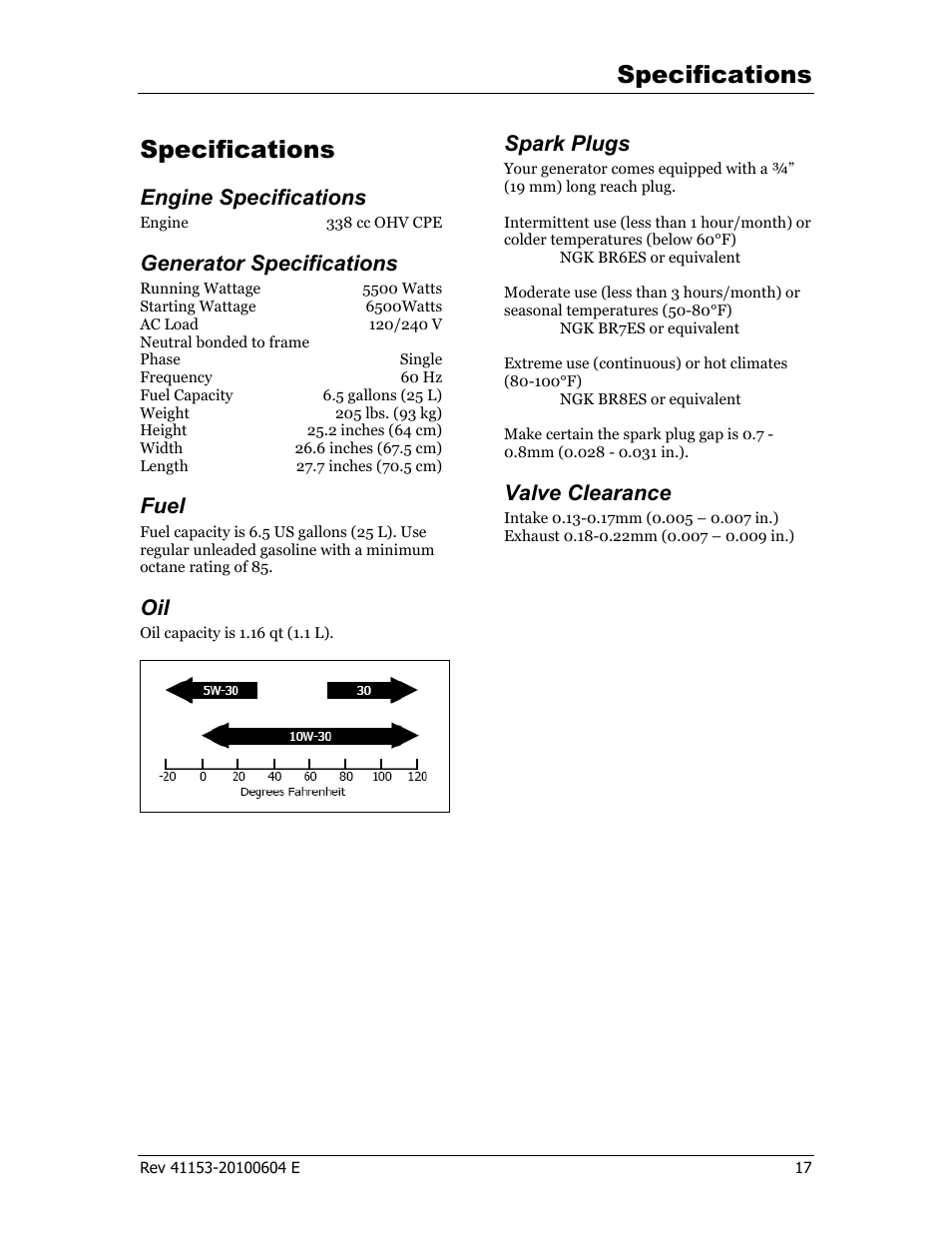 Specifications, Engine specifications, Generator specifications | Fuel, Spark plugs, Valve clearance | Champion Power Equipment 41153 User Manual | Page 20 / 29