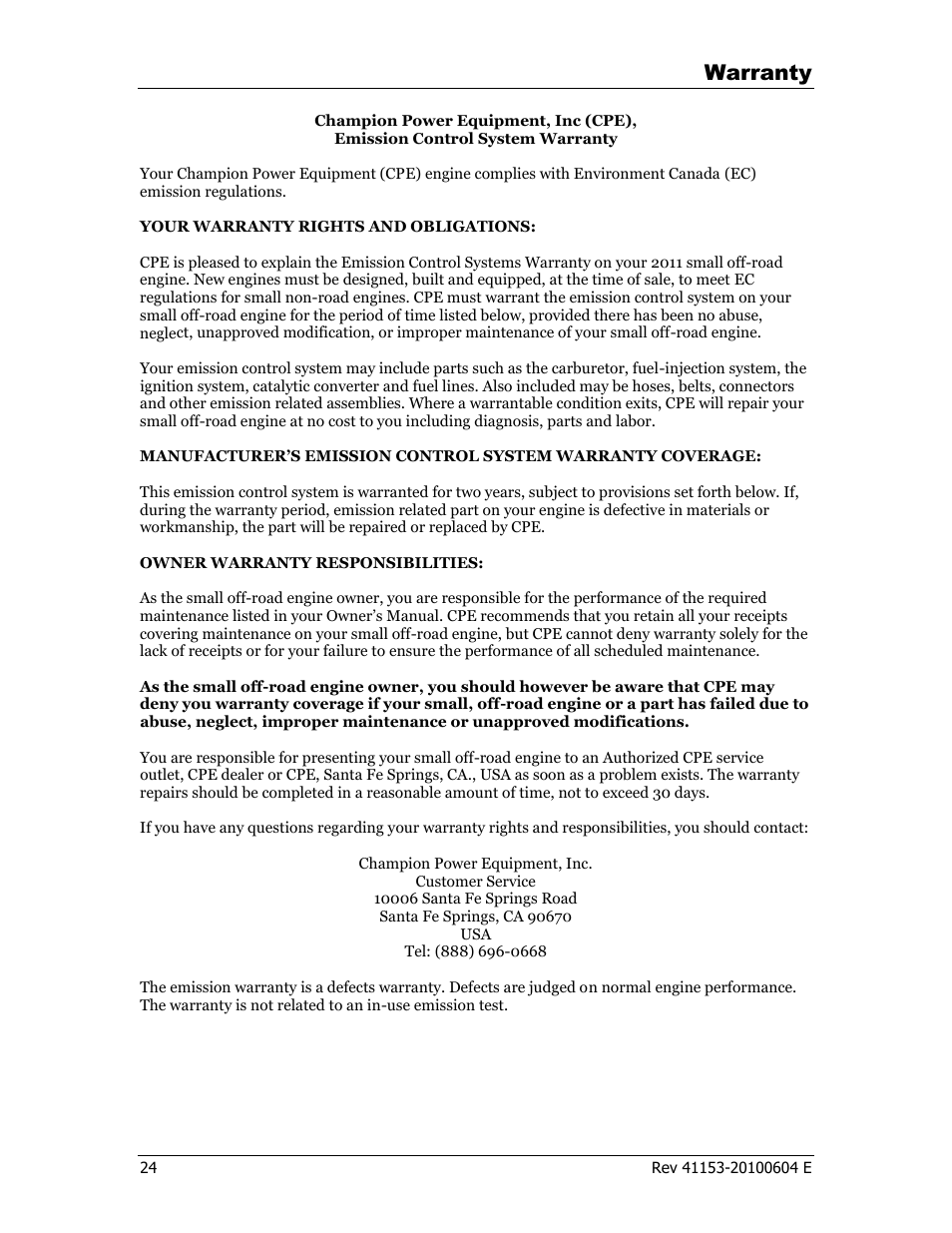 Warranty | Champion Power Equipment 41153 User Manual | Page 27 / 29