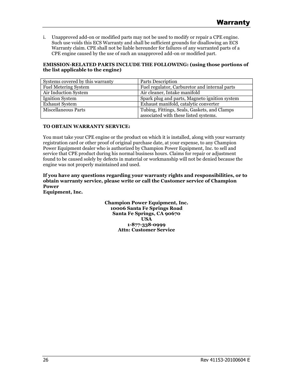 Warranty | Champion Power Equipment 41153 User Manual | Page 29 / 29