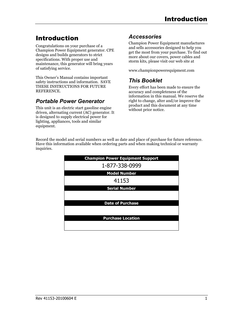 Introduction, Portable power generator, Accessories | This booklet | Champion Power Equipment 41153 User Manual | Page 4 / 29