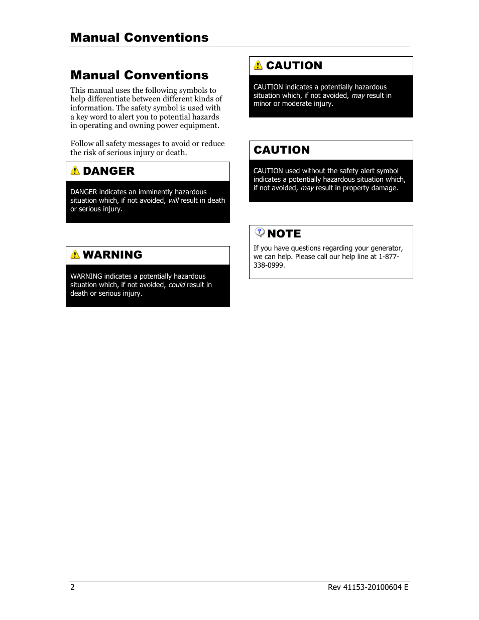 Manual conventions, Danger, Warning | Caution | Champion Power Equipment 41153 User Manual | Page 5 / 29