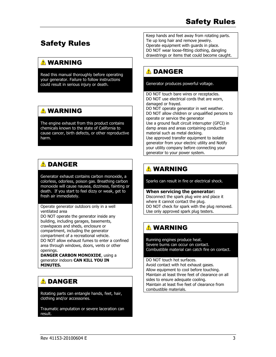 Safety rules, Warning, Danger | Champion Power Equipment 41153 User Manual | Page 6 / 29