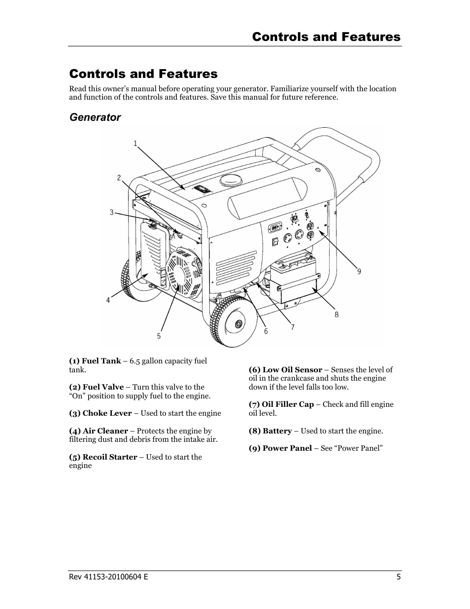 Controls and features, Generator | Champion Power Equipment 41153 User Manual | Page 8 / 29