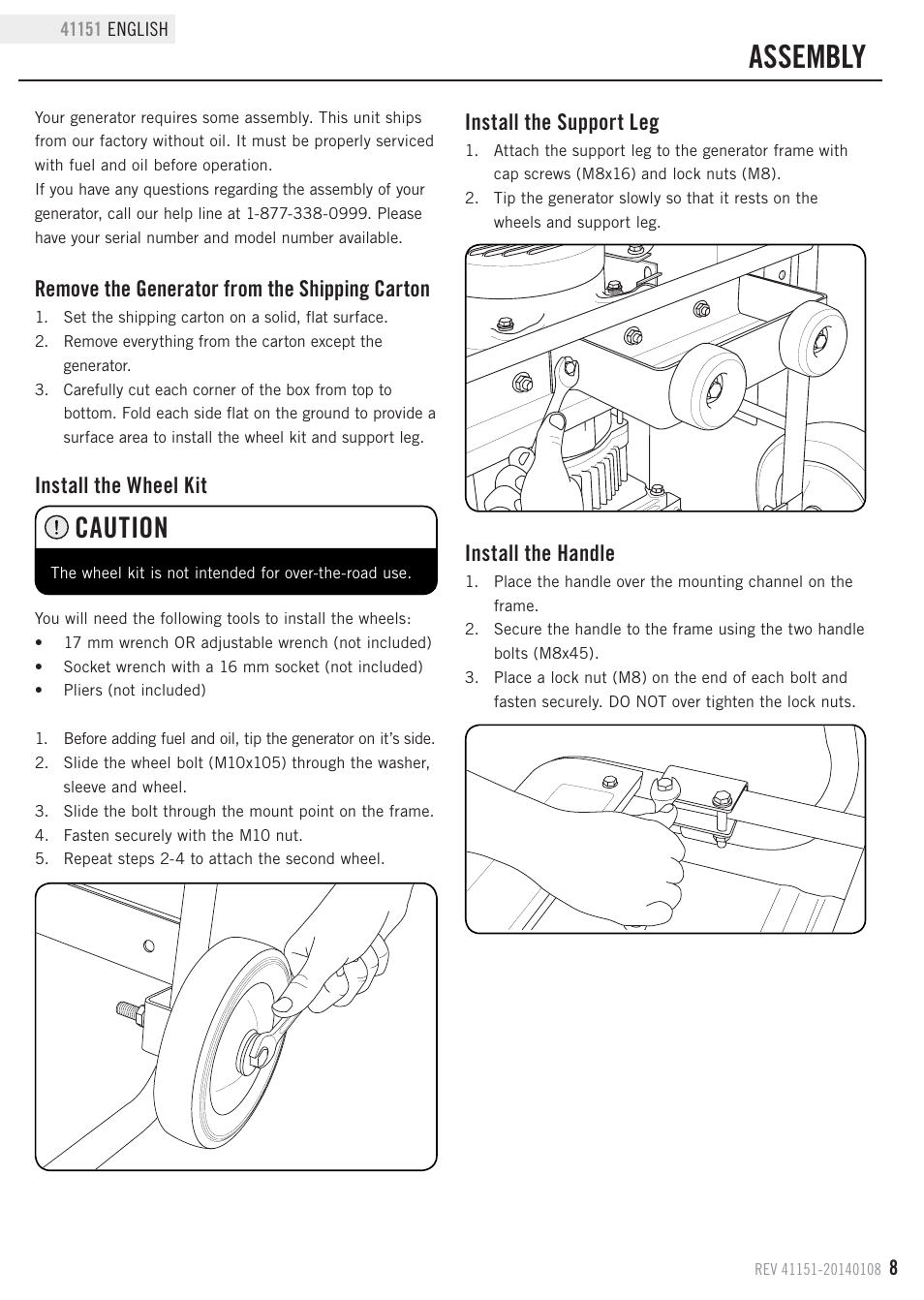 Assembly, Caution, Remove the generator from the shipping carton | Install the wheel kit, Install the support leg, Install the handle | Champion Power Equipment 41151 User Manual | Page 11 / 29