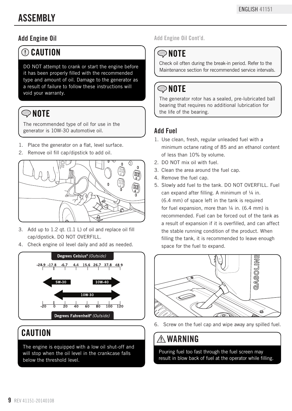 Assembly, Caution, Warning | Champion Power Equipment 41151 User Manual | Page 12 / 29