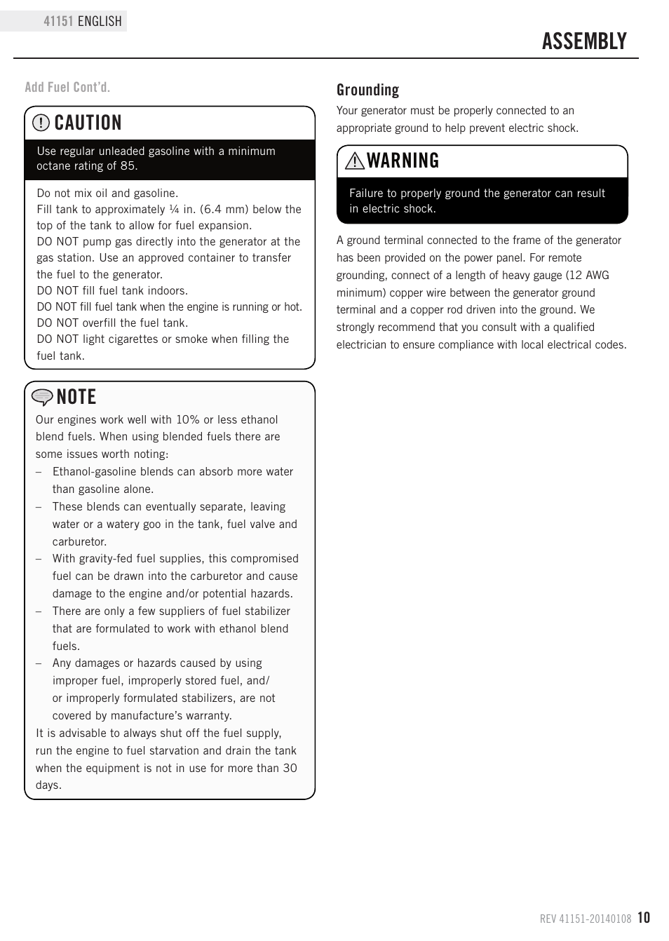 Assembly, Warning, Caution | Grounding | Champion Power Equipment 41151 User Manual | Page 13 / 29