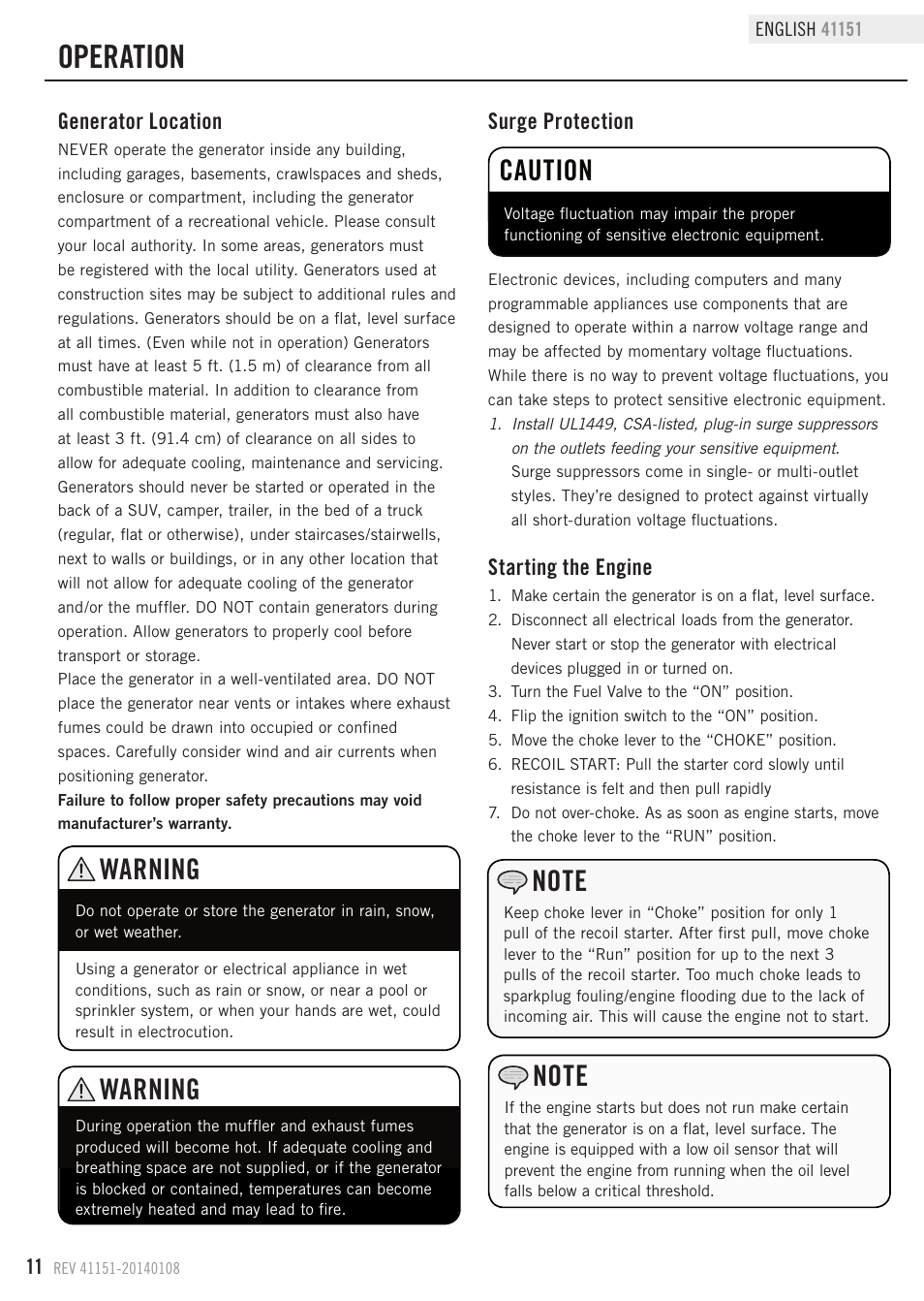 Operation, Caution, Warning | Champion Power Equipment 41151 User Manual | Page 14 / 29