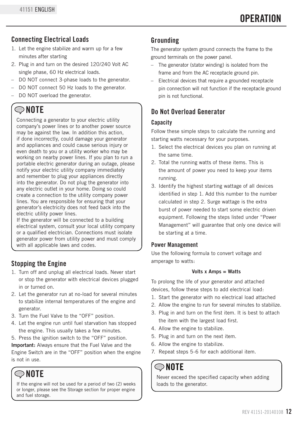 Operation, Grounding, Connecting electrical loads | Do not overload generator, Stopping the engine | Champion Power Equipment 41151 User Manual | Page 15 / 29