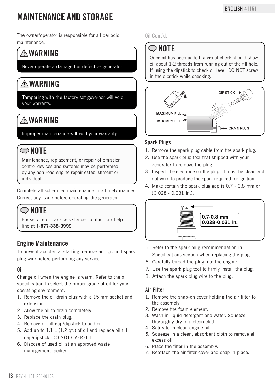 Maintenance and storage, Warning, Engine maintenance | Champion Power Equipment 41151 User Manual | Page 16 / 29