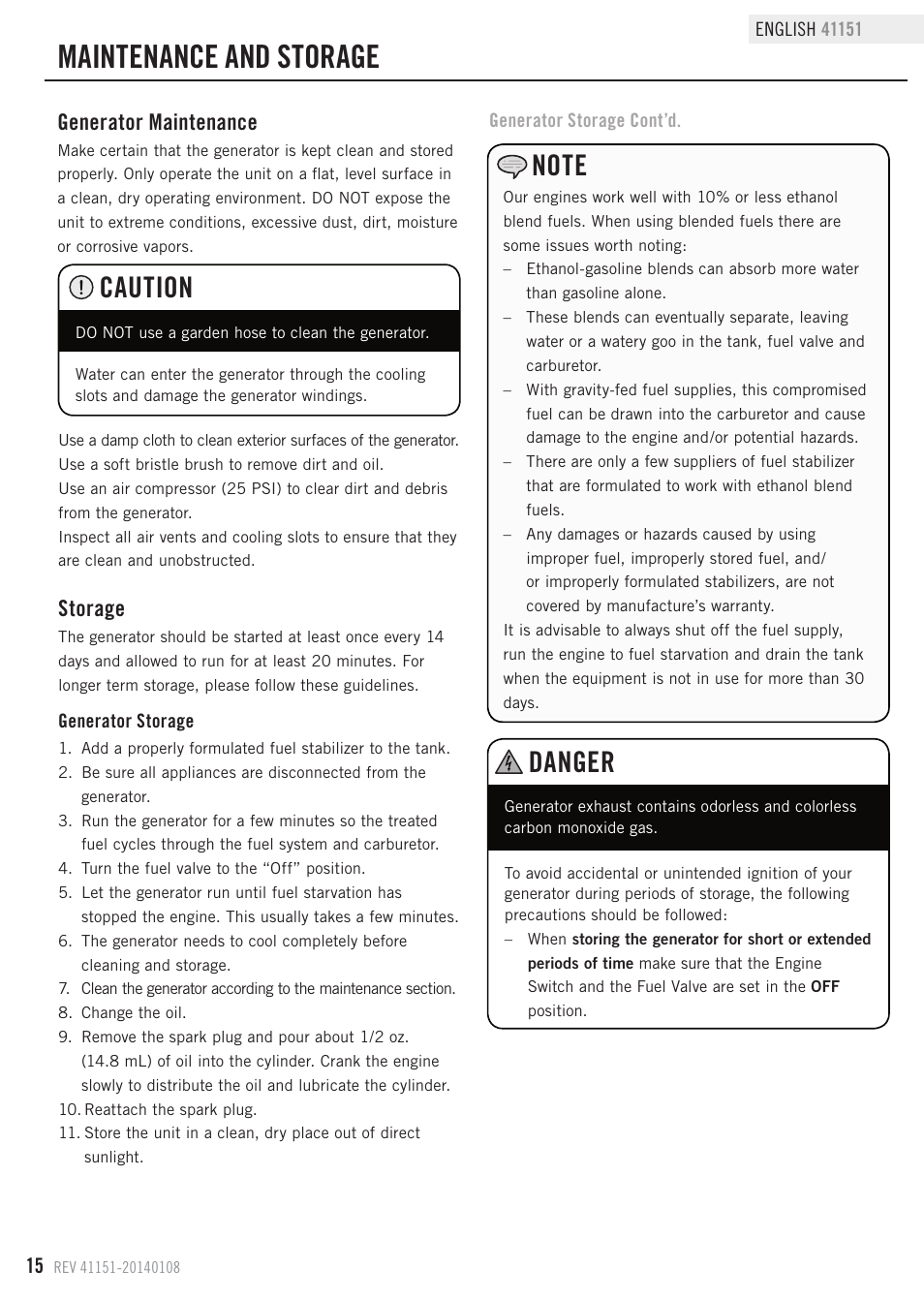 Maintenance and storage, Danger, Caution | Generator maintenance, Storage | Champion Power Equipment 41151 User Manual | Page 18 / 29