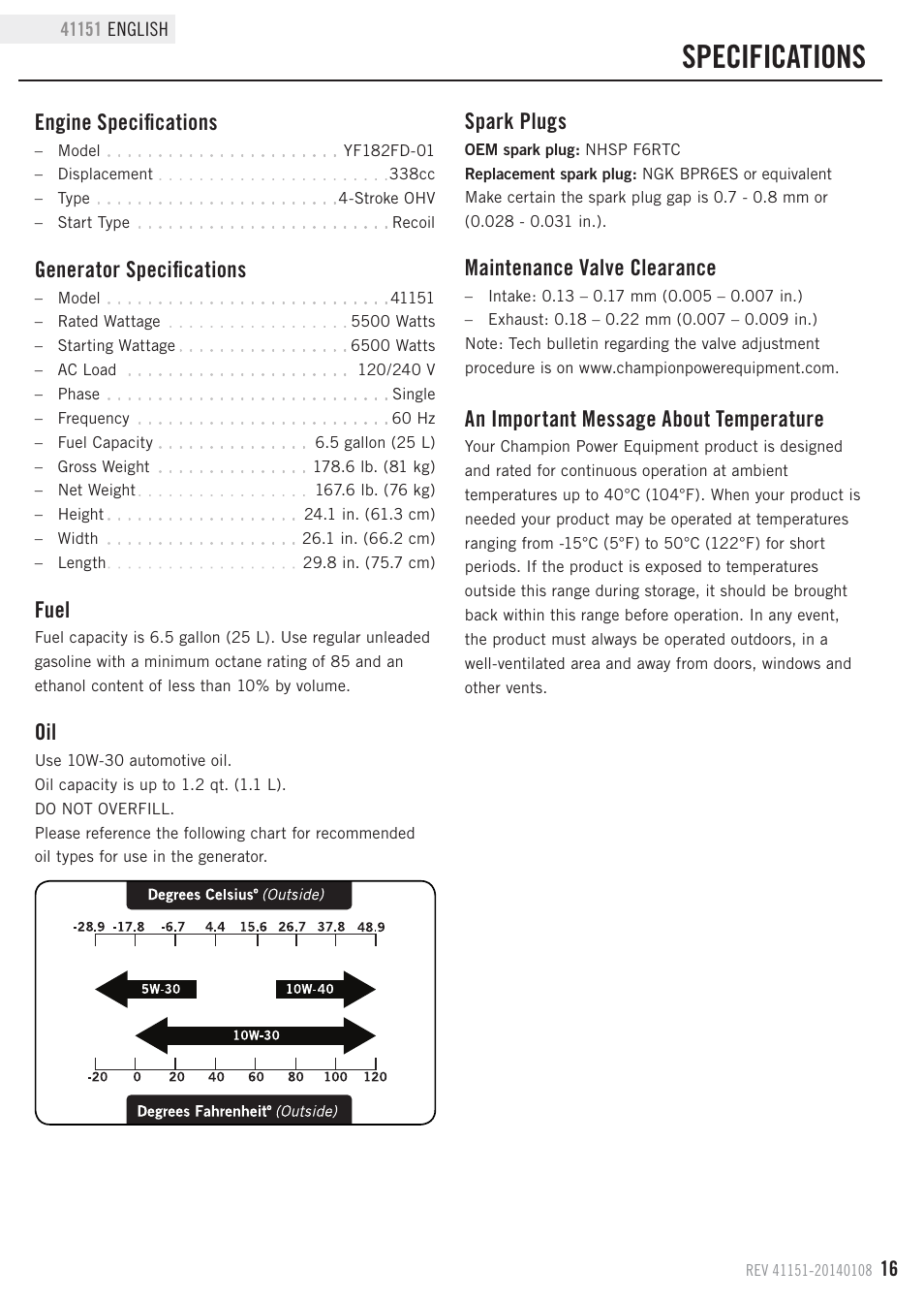 Specifications, Engine specifications, Fuel | Generator specifications, Maintenance valve clearance, Spark plugs, An important message about temperature | Champion Power Equipment 41151 User Manual | Page 19 / 29