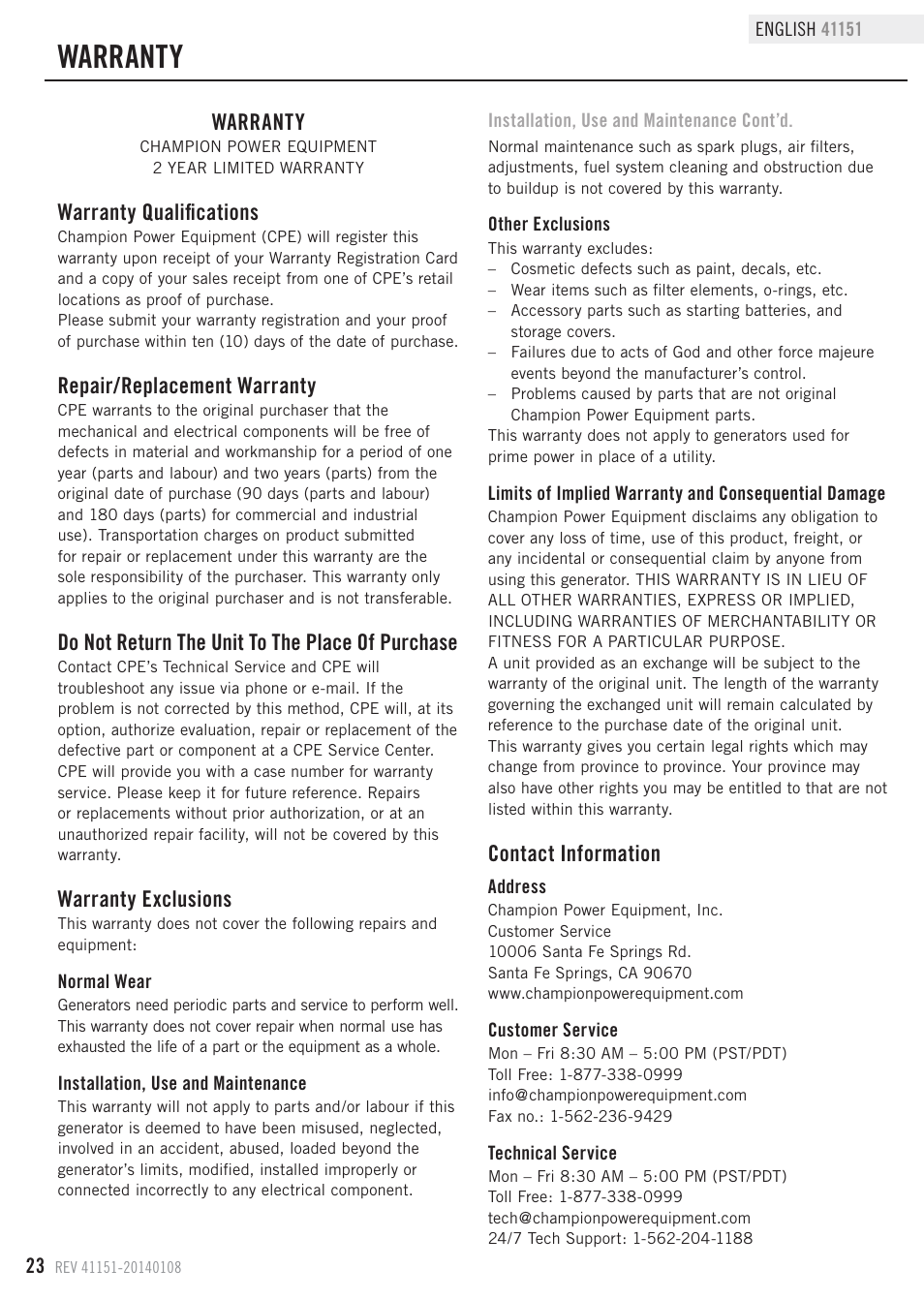 Warranty, Warranty qualifications, Repair/replacement warranty | Do not return the unit to the place of purchase, Warranty exclusions, Contact information | Champion Power Equipment 41151 User Manual | Page 26 / 29