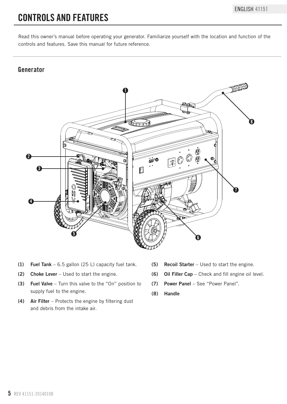 Controls and features, Generator | Champion Power Equipment 41151 User Manual | Page 8 / 29