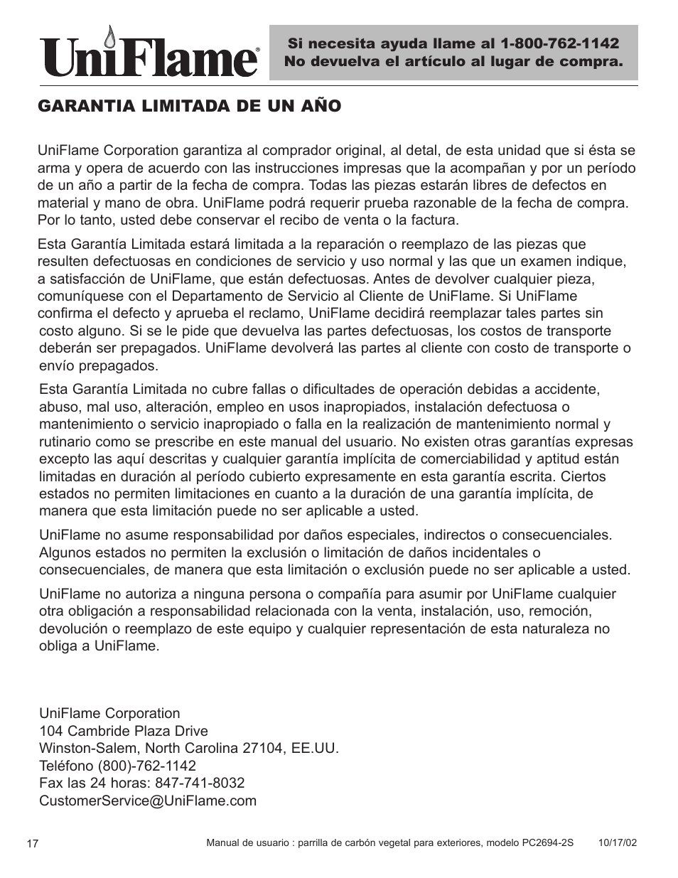 Garantia limitada de un año | Blue Rhino PC2694-2S User Manual | Page 18 / 23