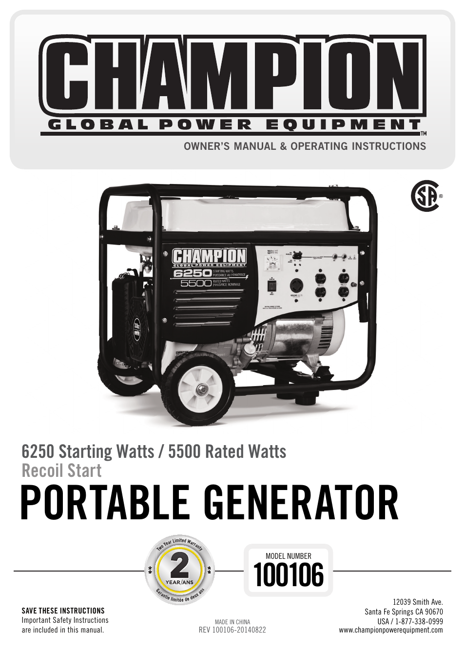 Champion Power Equipment 100106 User Manual | 30 pages