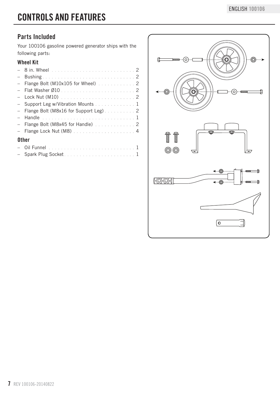 Controls and features, Parts included | Champion Power Equipment 100106 User Manual | Page 10 / 30